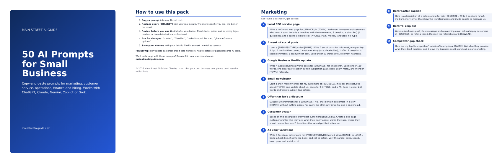 Preview pages of 50 AI Prompts for Small Business