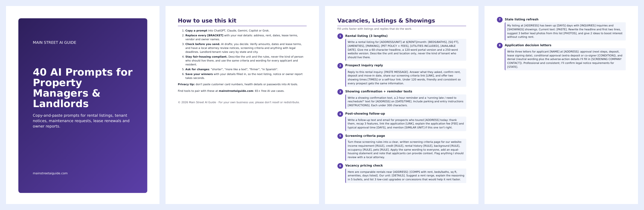 Preview pages of 40 AI Prompts for Property Managers & Landlords