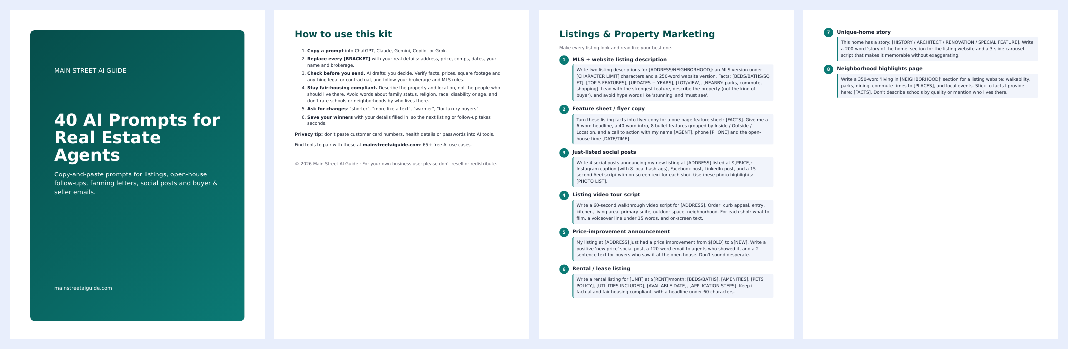 Preview pages of 40 AI Prompts for Real Estate Agents