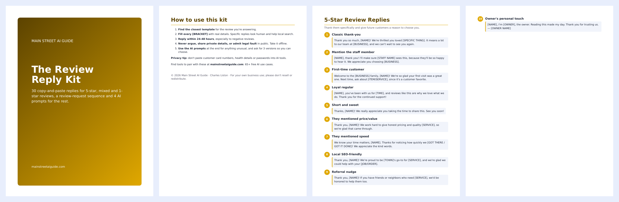 Preview pages of The Review Reply Kit