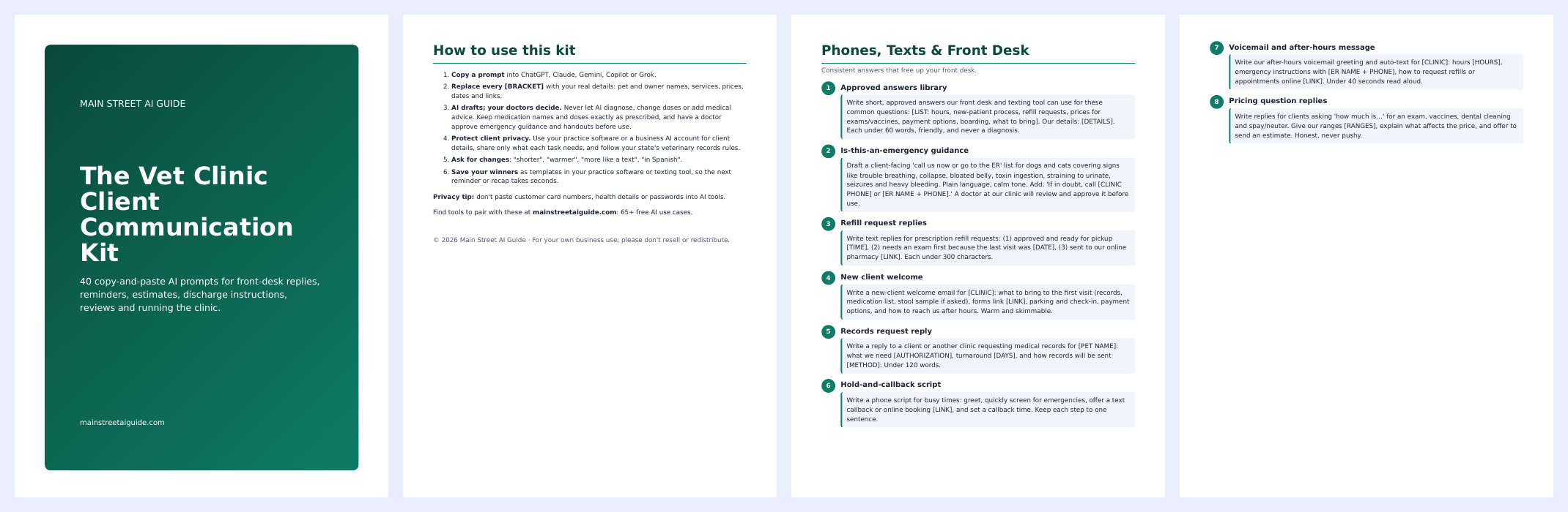 Preview pages of The Vet Clinic Client Communication Kit